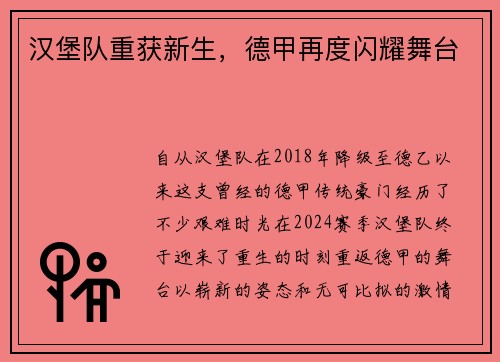 汉堡队重获新生，德甲再度闪耀舞台